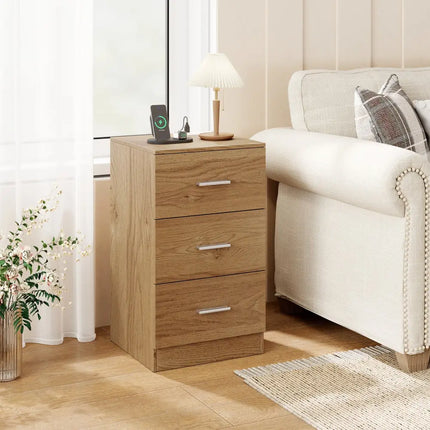 Nightstand with Charging Station End Table with 3 Storage Drawers Bedside Table for Bedroom-Natural - Natural