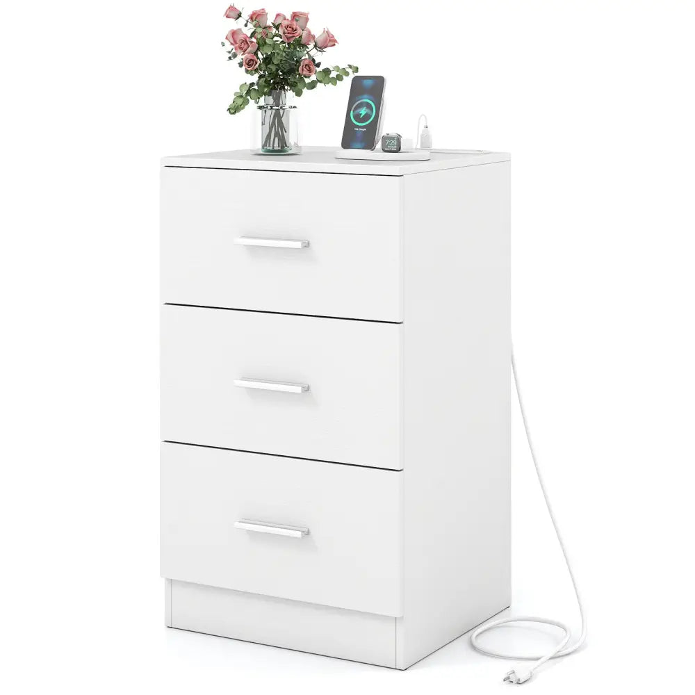 Nightstand with Charging Station End Table with 3 Storage Drawers Bedside Table for Bedroom-White - White - Nightstands
