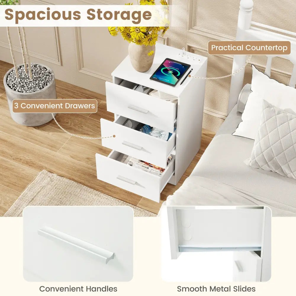 Nightstand with Charging Station End Table with 3 Storage Drawers Bedside Table for Bedroom-White - White - Nightstands