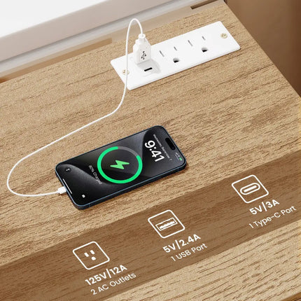 Nightstand with Charging Station End Table with 3 Storage Drawers Bedside Table for Bedroom-Natural - Natural