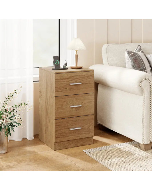 Nightstand with Charging Station End Table with 3 Storage Drawers Bedside Table for Bedroom-Natural - Natural