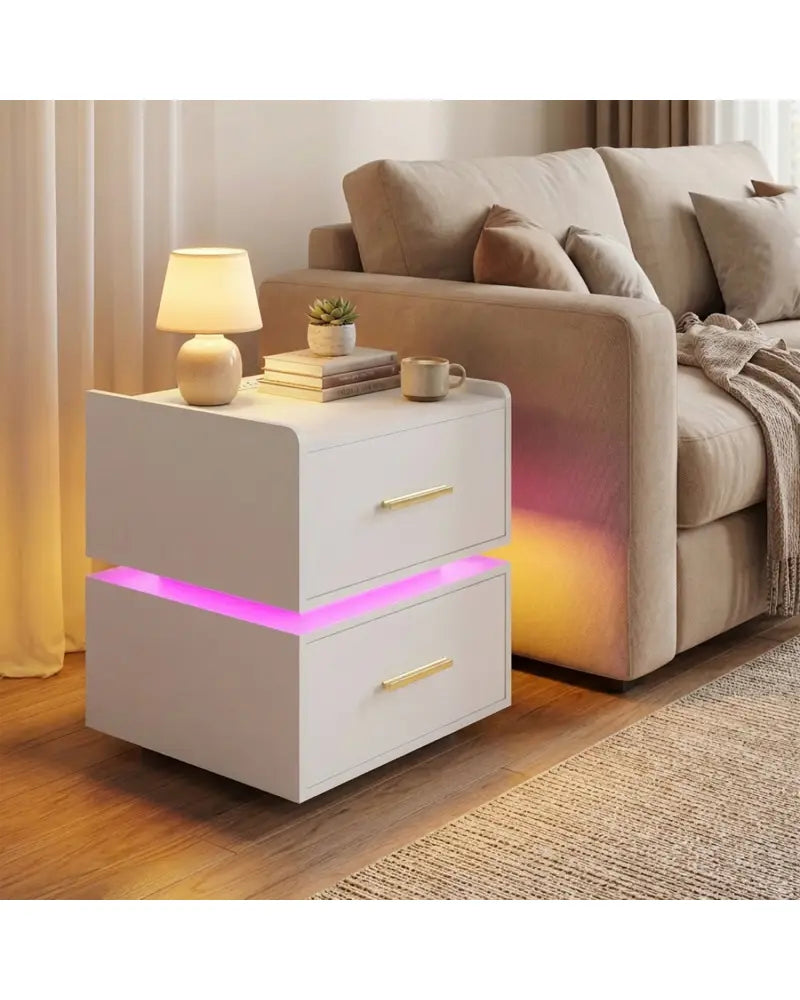 Nightstand with Charging Station LED Bedside Table with 2 Storage Drawers-White - White - Nightstands