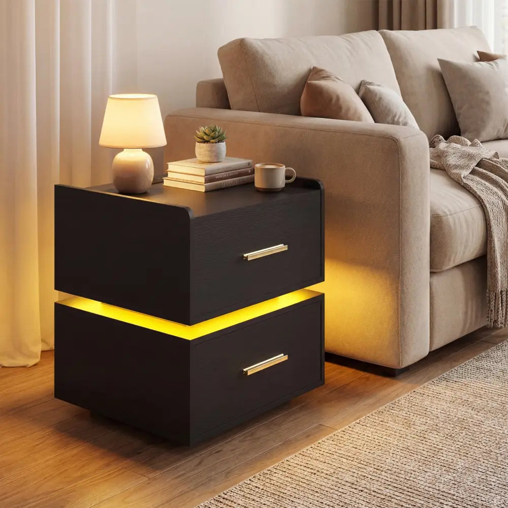 Nightstand with Charging Station LED Bedside Table with 2 Storage Drawers-Black - Black - Nightstands
