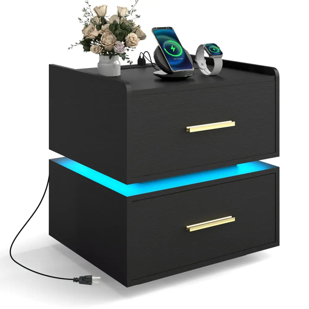 Nightstand with Charging Station LED Bedside Table with 2 Storage Drawers-Black - Black - Nightstands