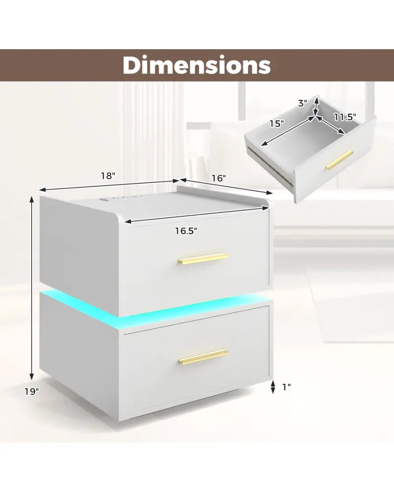 Nightstand with Charging Station LED Bedside Table with 2 Storage Drawers-White - White - Nightstands