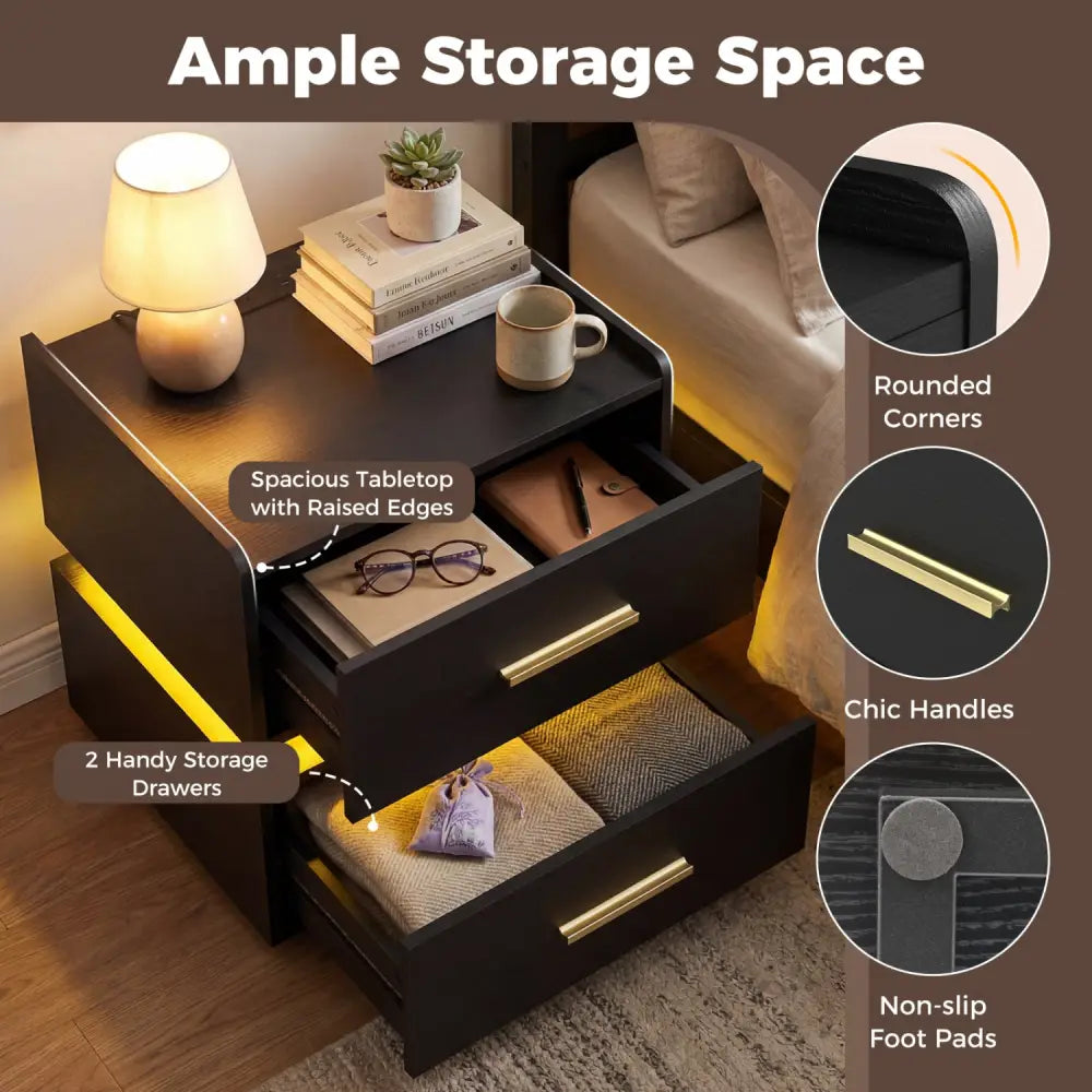 Nightstand with Charging Station LED Bedside Table with 2 Storage Drawers-Black - Black - Nightstands