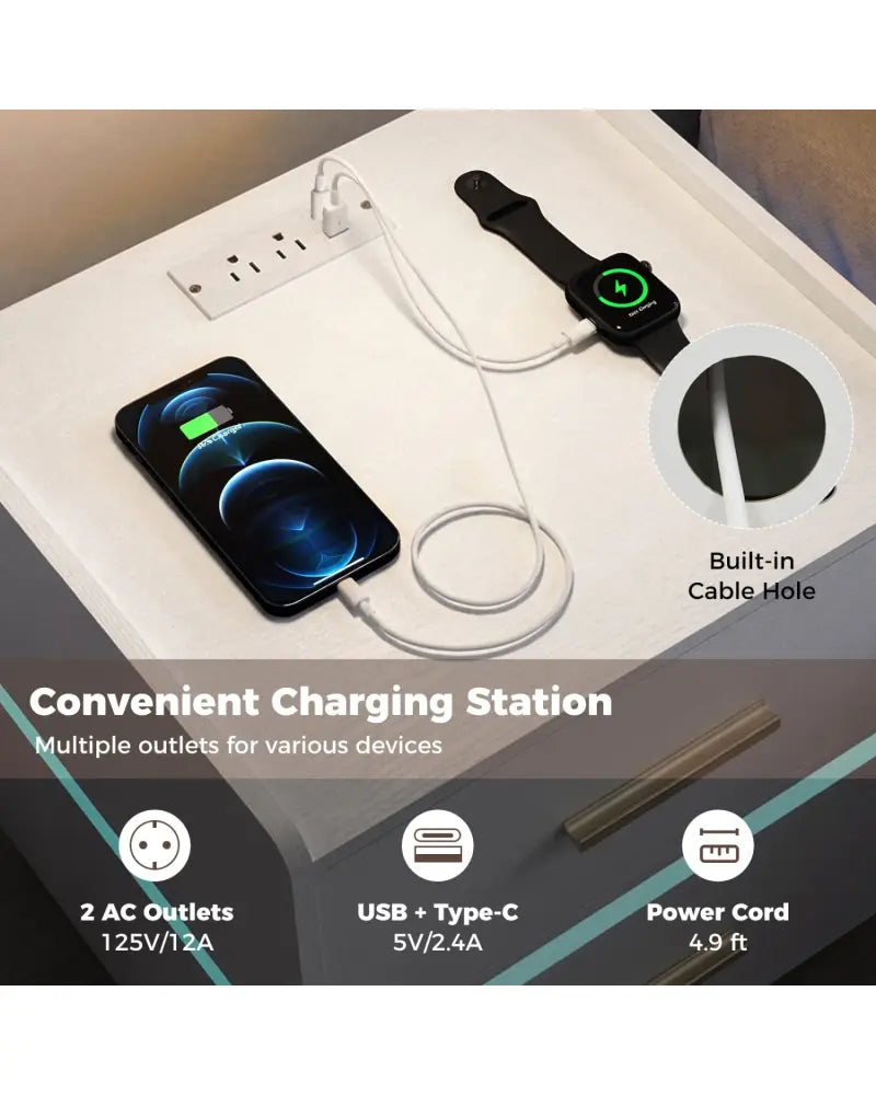 Nightstand with Charging Station LED Bedside Table with 2 Storage Drawers-White - White - Nightstands