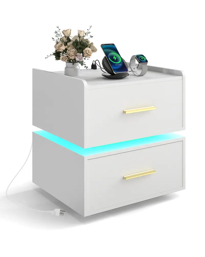 Nightstand with Charging Station LED Bedside Table with 2 Storage Drawers-White - White - Nightstands