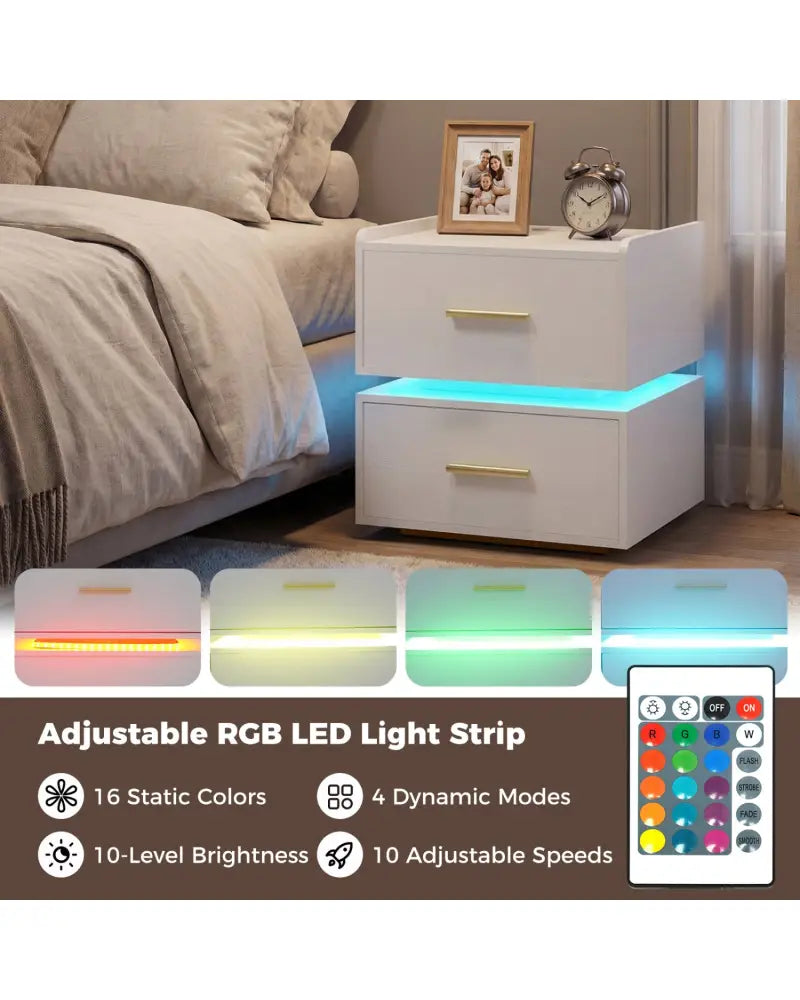 Nightstand with Charging Station LED Bedside Table with 2 Storage Drawers-White - White - Nightstands