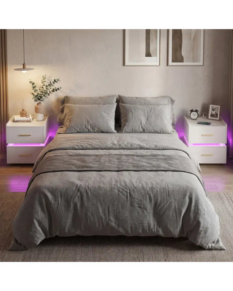 Nightstand with Charging Station LED Bedside Table with 2 Storage Drawers-White - White - Nightstands