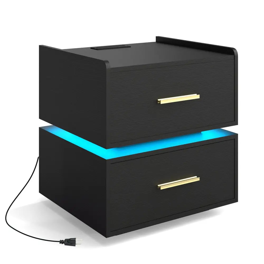 Nightstand with Charging Station LED Bedside Table with 2 Storage Drawers-Black - Black - Nightstands