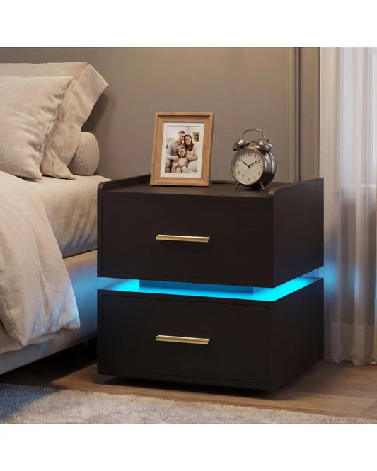 Nightstand with Charging Station LED Bedside Table with 2 Storage Drawers-Black - Black - Nightstands