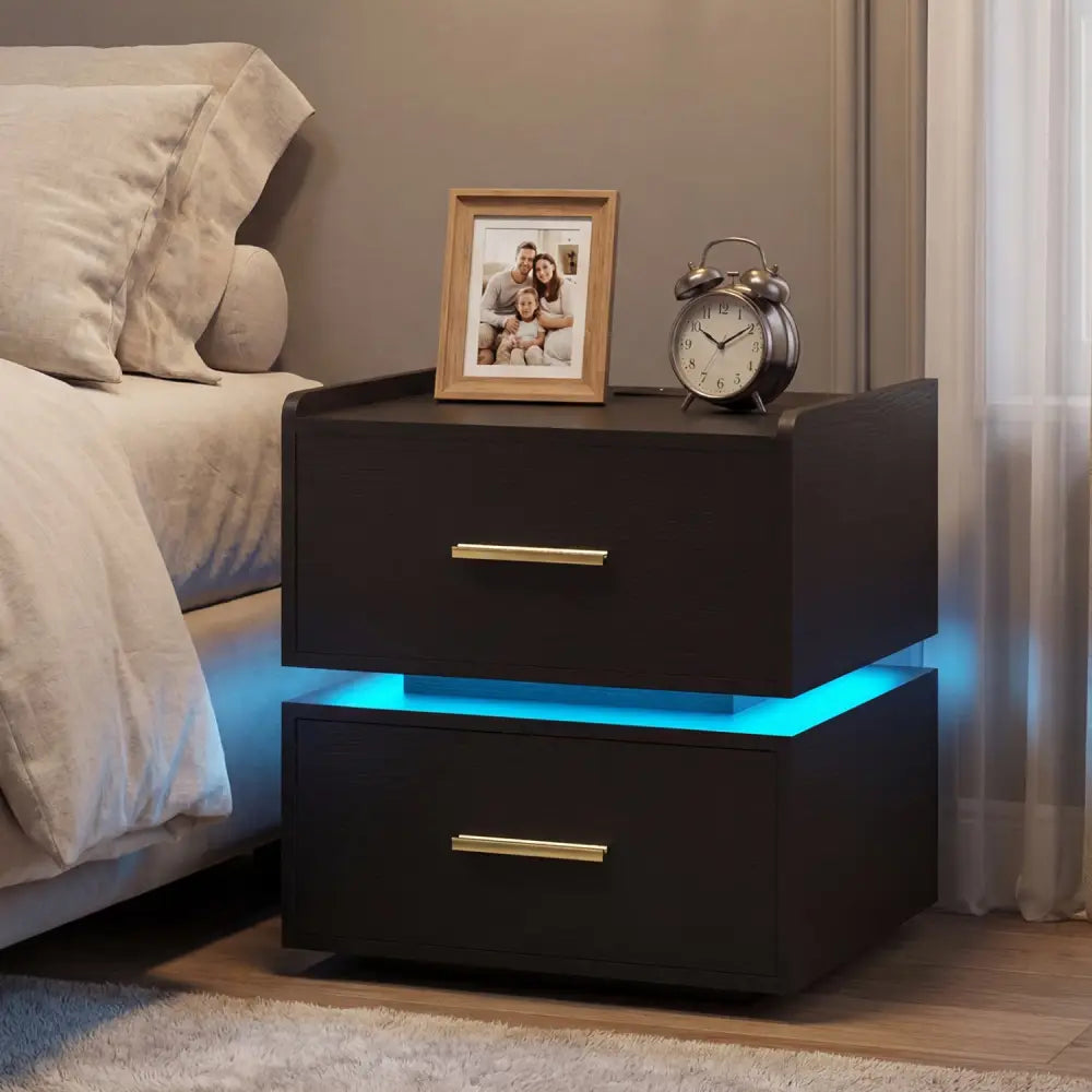 Nightstand with Charging Station LED Bedside Table with 2 Storage Drawers-Black - Black - Nightstands