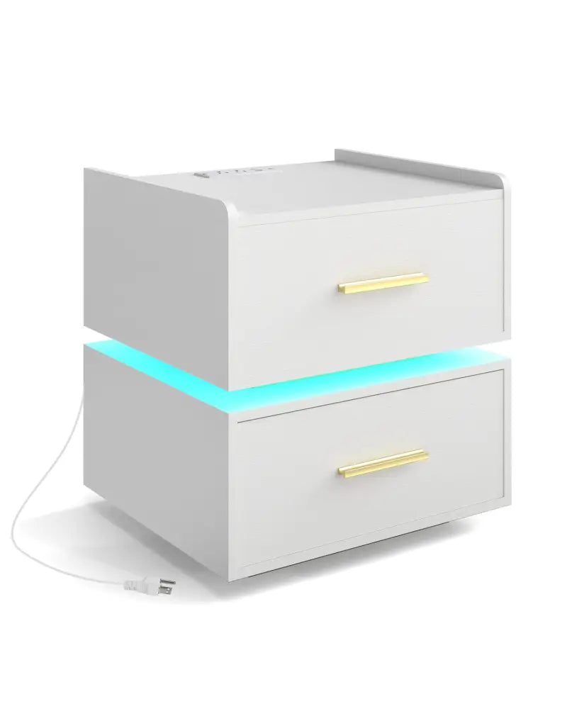 Nightstand with Charging Station LED Bedside Table with 2 Storage Drawers-White - White - Nightstands