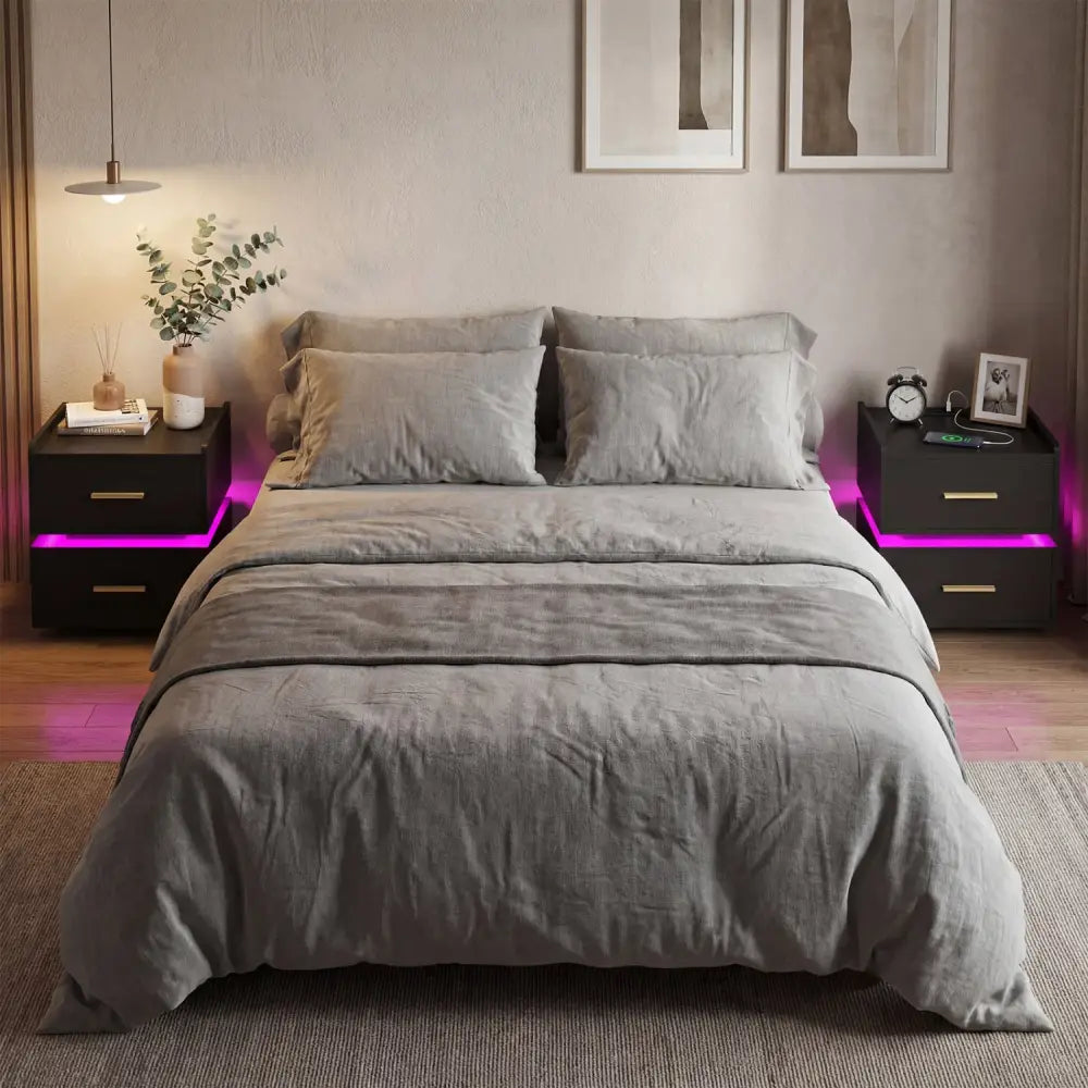 Nightstand with Charging Station LED Bedside Table with 2 Storage Drawers-Black - Black - Nightstands