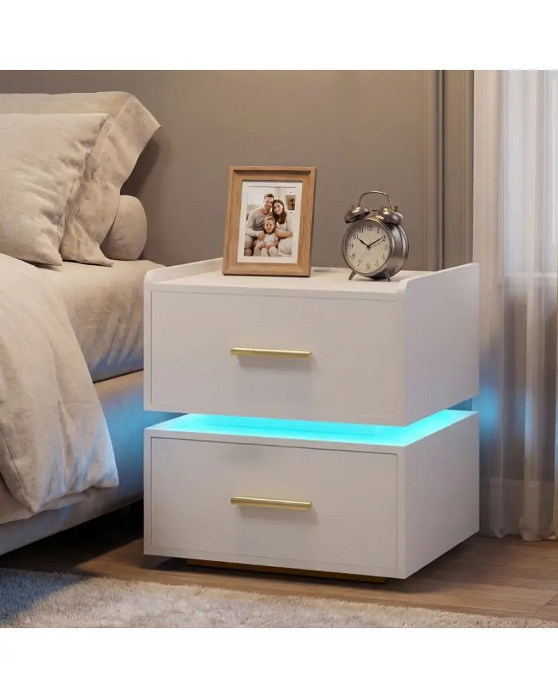 Nightstand with Charging Station LED Bedside Table with 2 Storage Drawers-White - White - Nightstands