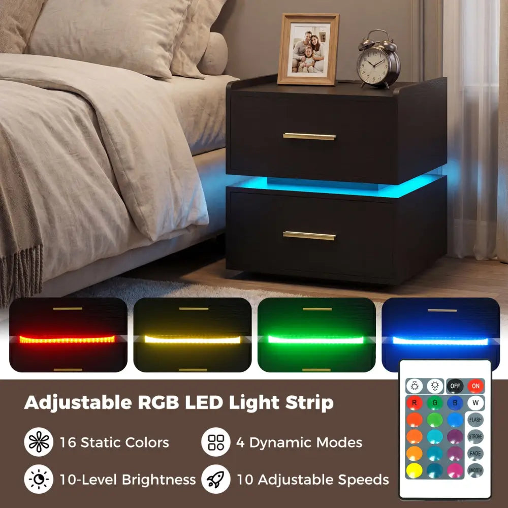 Nightstand with Charging Station LED Bedside Table with 2 Storage Drawers-Black - Black - Nightstands
