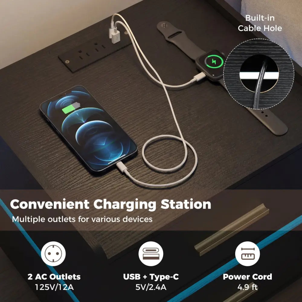 Nightstand with Charging Station LED Bedside Table with 2 Storage Drawers-Black - Black - Nightstands