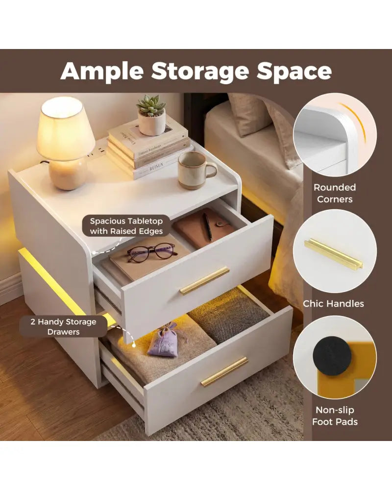 Nightstand with Charging Station LED Bedside Table with 2 Storage Drawers-White - White - Nightstands
