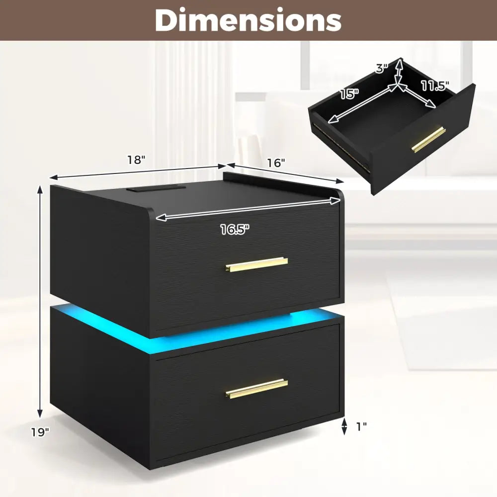 Nightstand with Charging Station LED Bedside Table with 2 Storage Drawers-Black - Black - Nightstands