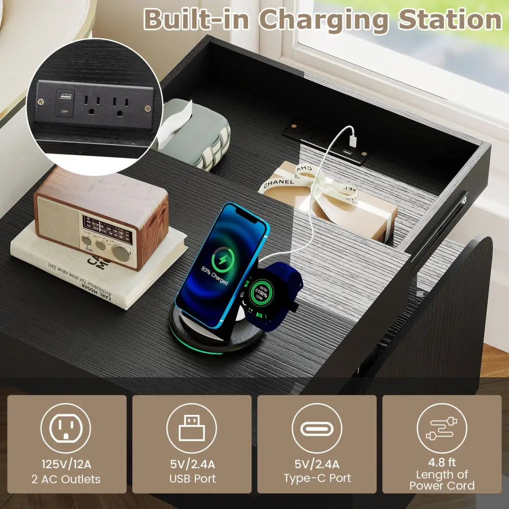 Nightstand with Charging Station Modern Bedside Table for Living Room Bedroom Office-Black - Black - Nightstands