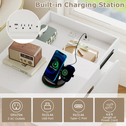 Nightstand with Charging Station Modern Bedside Table for Living Room Bedroom Office-White - White - Nightstands