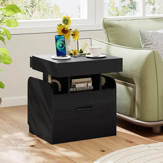 Nightstand with Charging Station Modern Bedside Table for Living Room Bedroom Office-Black - Black - Nightstands
