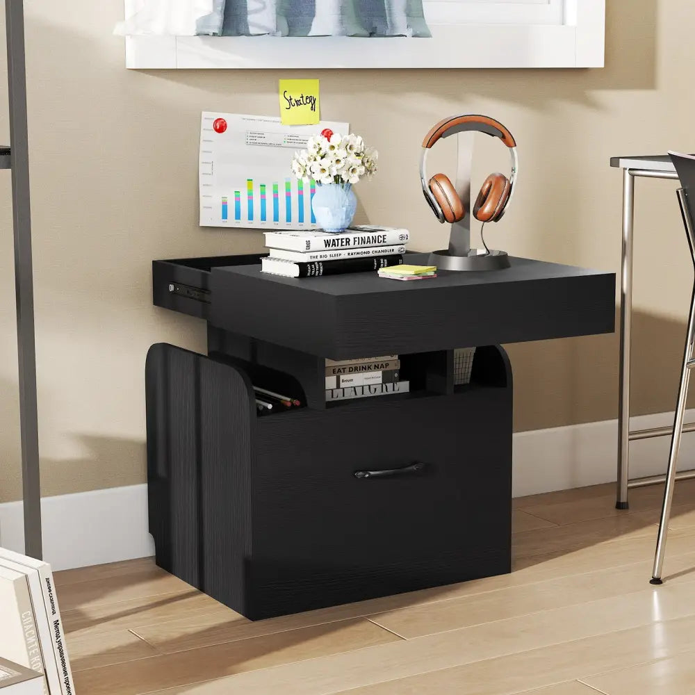 Nightstand with Charging Station Modern Bedside Table for Living Room Bedroom Office-Black - Black - Nightstands