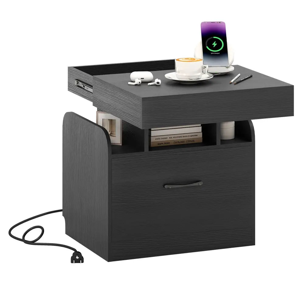 Nightstand with Charging Station Modern Bedside Table for Living Room Bedroom Office-Black - Black - Nightstands