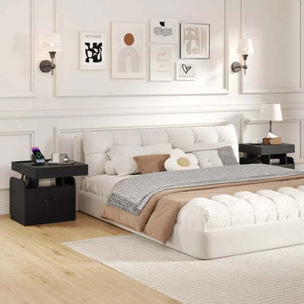 Nightstand with Charging Station Modern Bedside Table for Living Room Bedroom Office-Black - Black - Nightstands