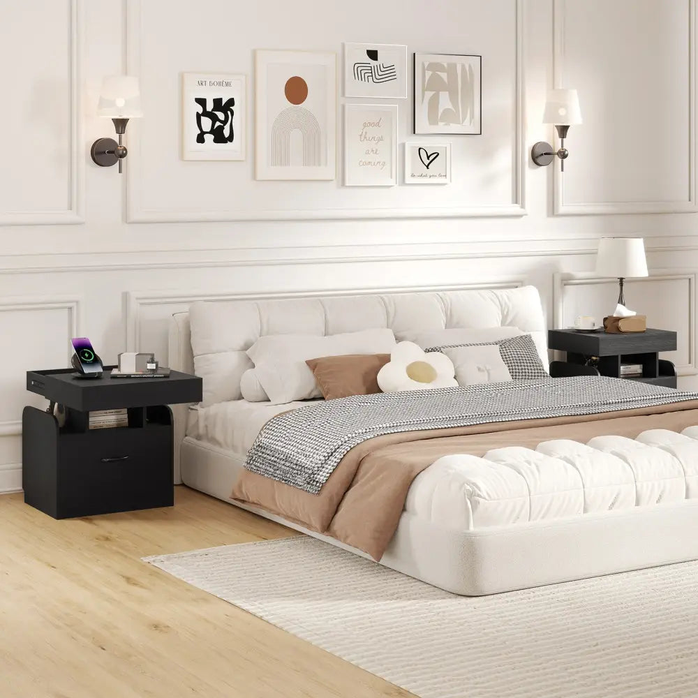 Nightstand with Charging Station Modern Bedside Table for Living Room Bedroom Office-Black - Black - Nightstands