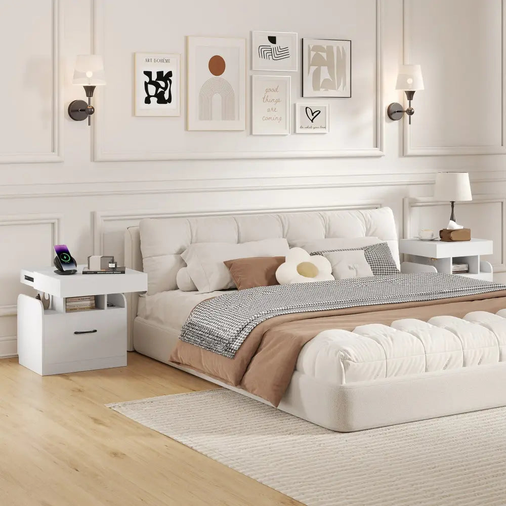 Nightstand with Charging Station Modern Bedside Table for Living Room Bedroom Office-White - White - Nightstands