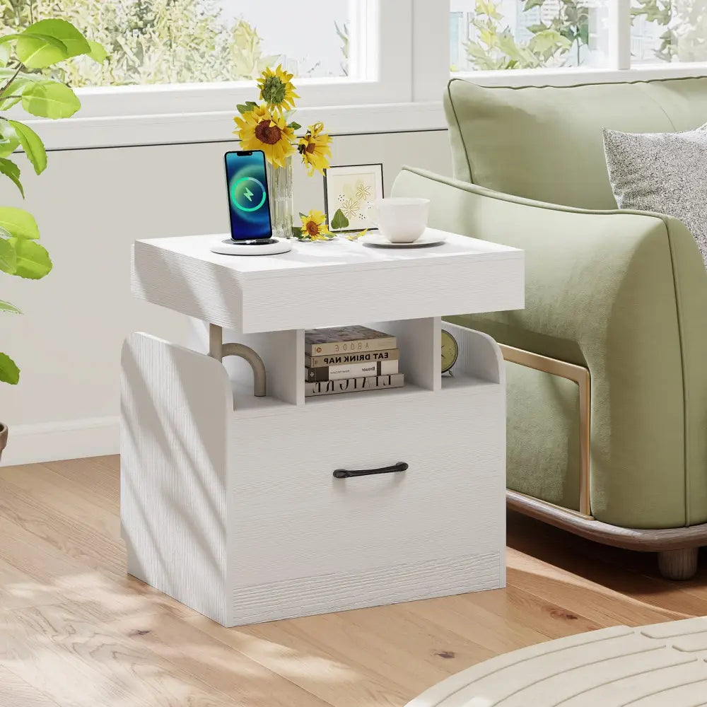 Nightstand with Charging Station Modern Bedside Table for Living Room Bedroom Office-White - White - Nightstands