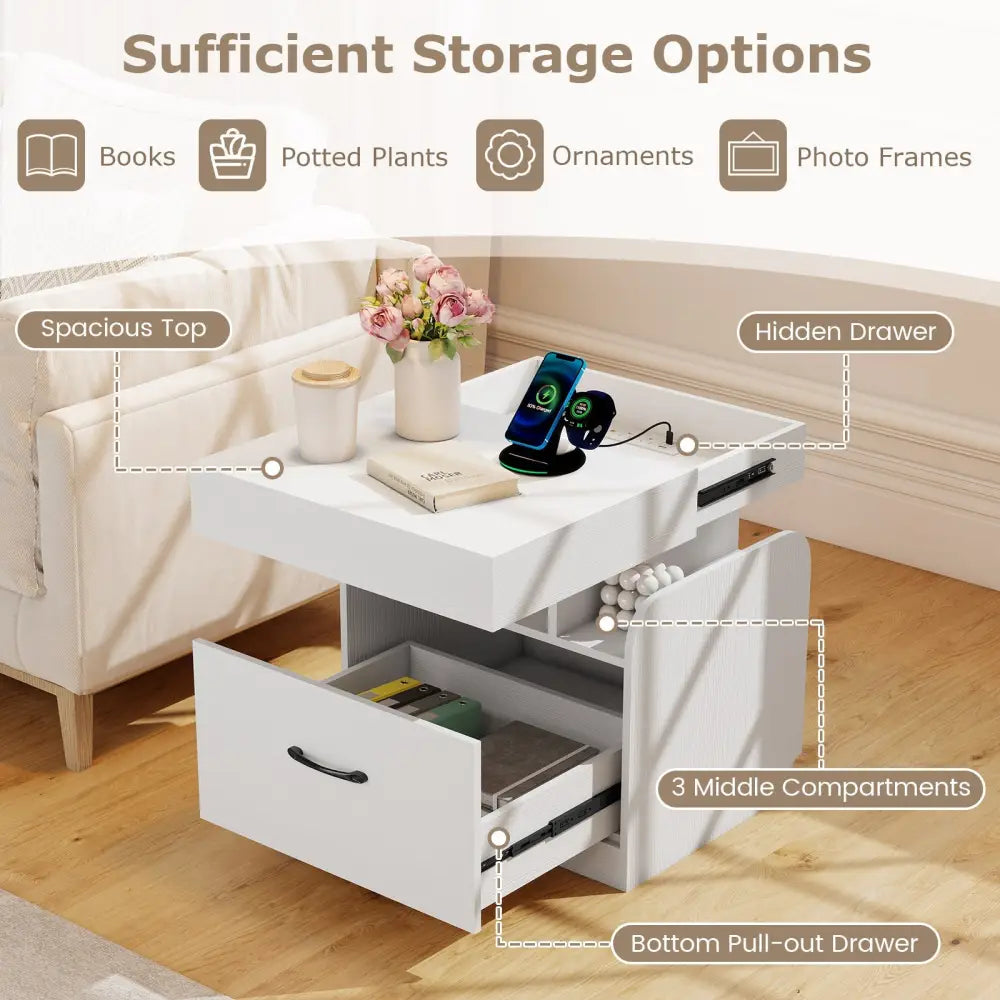 Nightstand with Charging Station Modern Bedside Table for Living Room Bedroom Office-White - White - Nightstands