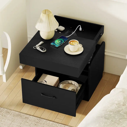 Nightstand with Charging Station Modern Bedside Table for Living Room Bedroom Office-Black - Black - Nightstands