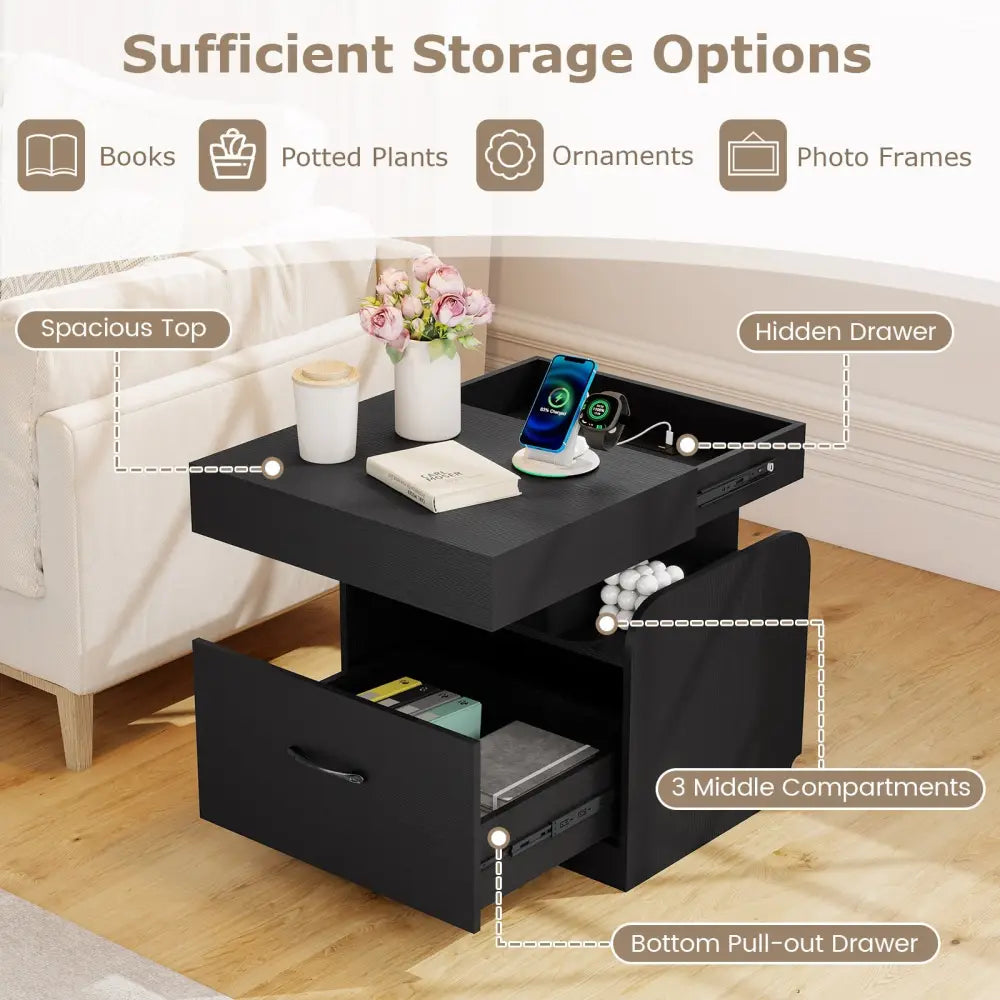 Nightstand with Charging Station Modern Bedside Table for Living Room Bedroom Office-Black - Black - Nightstands