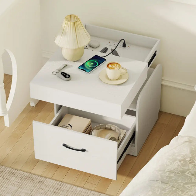Nightstand with Charging Station Modern Bedside Table for Living Room Bedroom Office-White - White - Nightstands