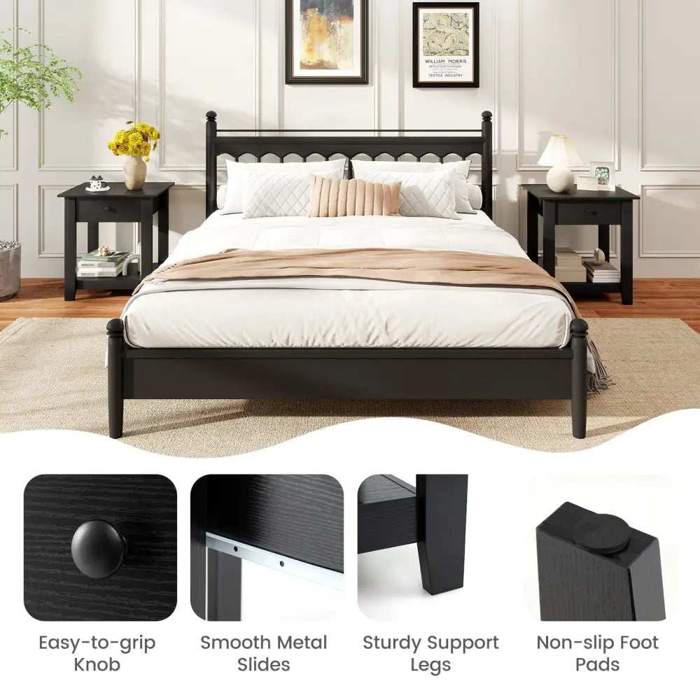 Nightstand with Drawer 3-Tier Modern Bedside Table with Open Shelf and Storage-Black - Black - Nightstands