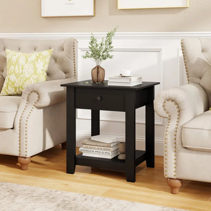 Nightstand with Drawer 3-Tier Modern Bedside Table with Open Shelf and Storage-Black - Black - Nightstands
