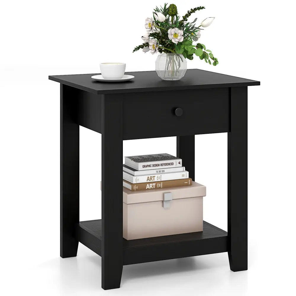 Nightstand with Drawer 3-Tier Modern Bedside Table with Open Shelf and Storage-Black - Black - Nightstands