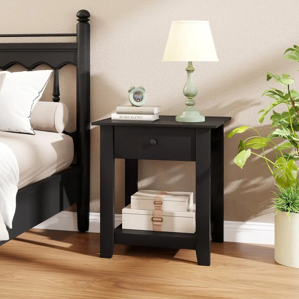 Nightstand with Drawer 3-Tier Modern Bedside Table with Open Shelf and Storage-Black - Black - Nightstands