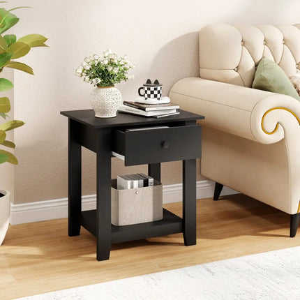 Nightstand with Drawer 3-Tier Modern Bedside Table with Open Shelf and Storage-Black - Black - Nightstands