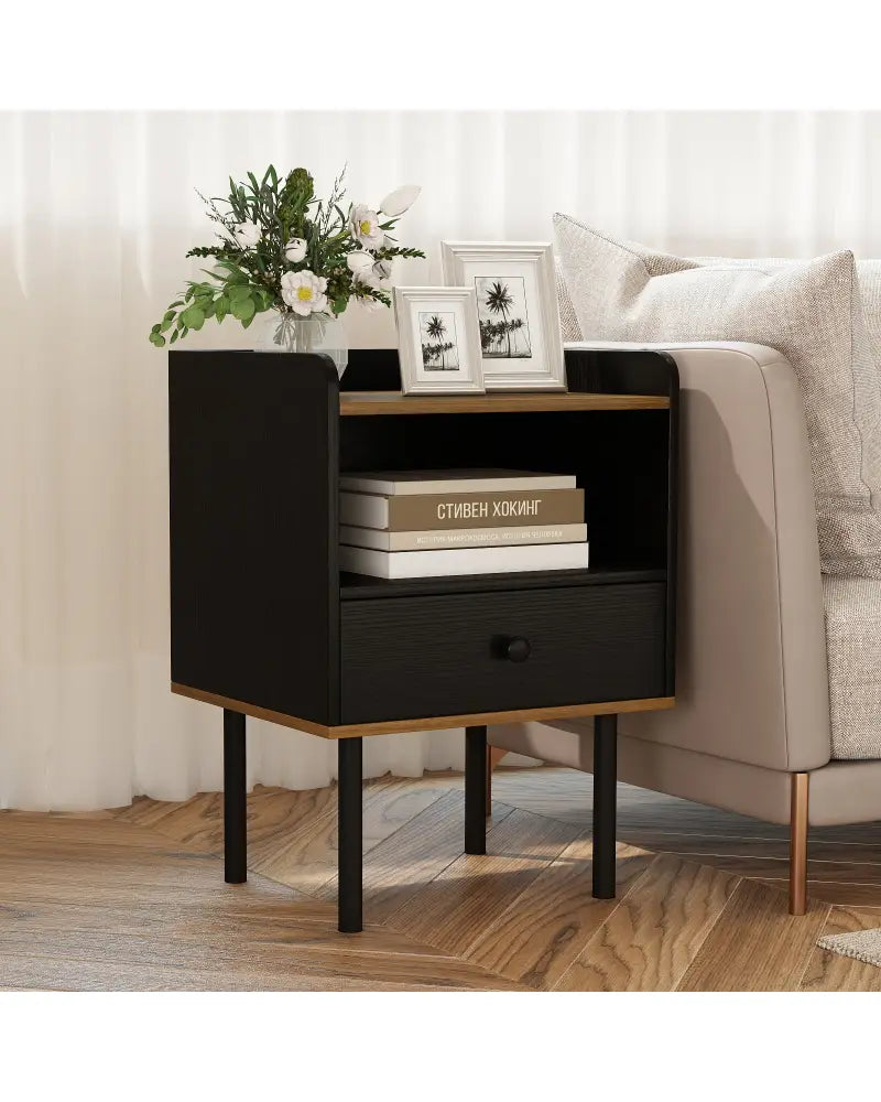 Nightstand with Drawer 3-Tier Sofa Side Table with Open Storage Shelf-Black - Black - Nightstands