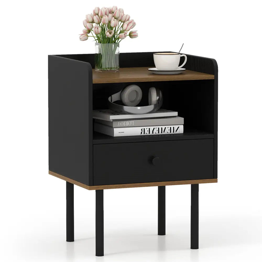 Nightstand with Drawer 3-Tier Sofa Side Table with Open Storage Shelf-Black - Black - Nightstands