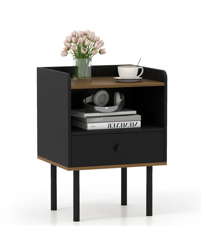 Nightstand with Drawer 3-Tier Sofa Side Table with Open Storage Shelf-Black - Black - Nightstands