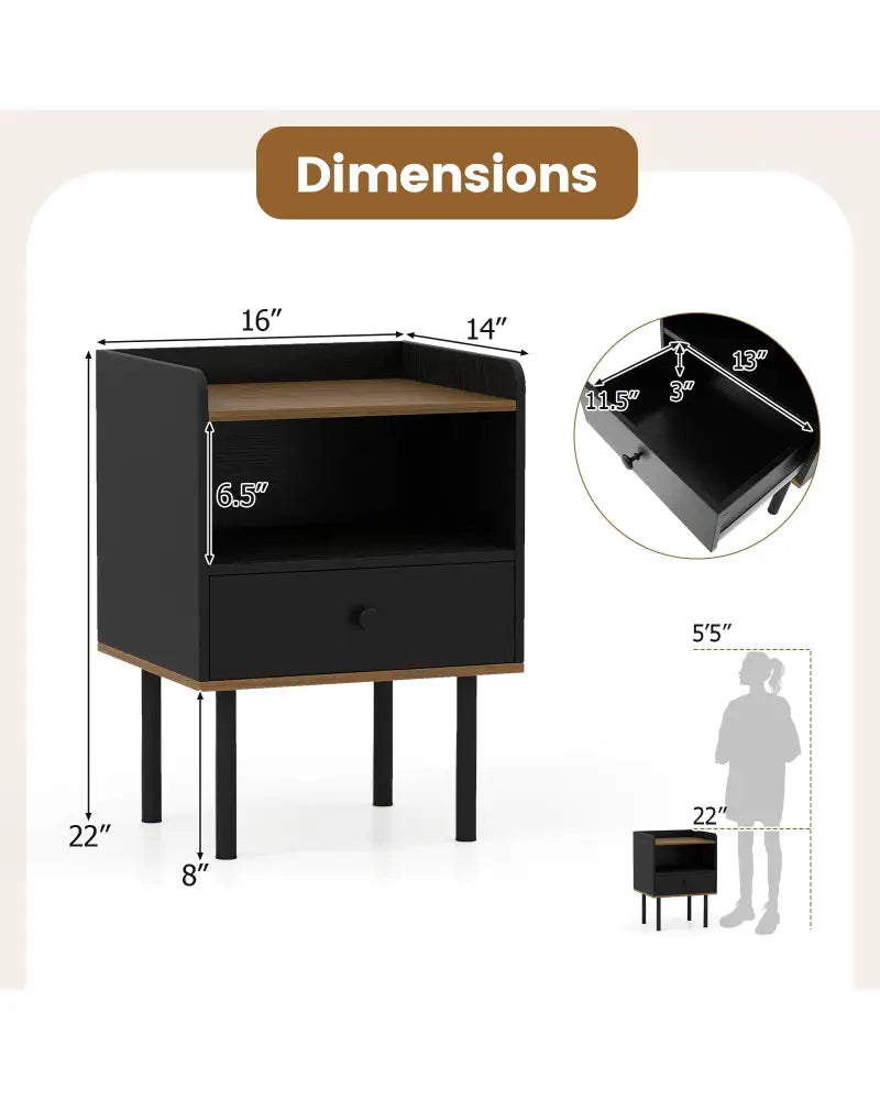 Nightstand with Drawer 3-Tier Sofa Side Table with Open Storage Shelf-Black - Black - Nightstands