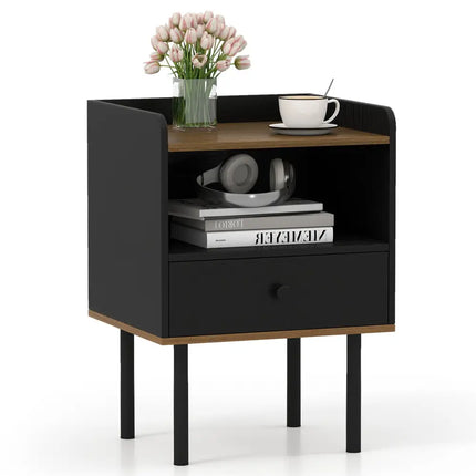 Nightstand with Drawer 3-Tier Sofa Side Table with Open Storage Shelf-Black - Black - Nightstands