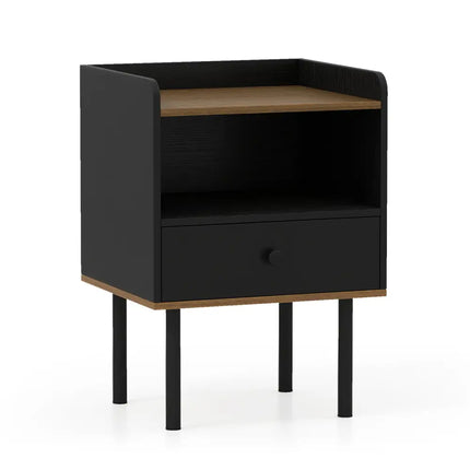 Nightstand with Drawer 3-Tier Sofa Side Table with Open Storage Shelf-Black - Black - Nightstands