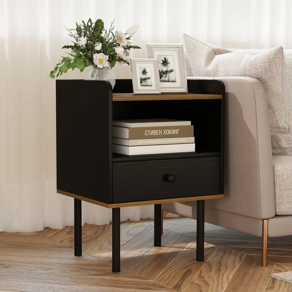 Nightstand with Drawer 3-Tier Sofa Side Table with Open Storage Shelf-Black - Black - Nightstands
