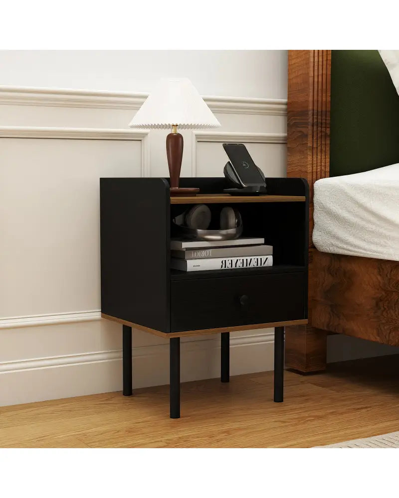 Nightstand with Drawer 3-Tier Sofa Side Table with Open Storage Shelf-Black - Black - Nightstands